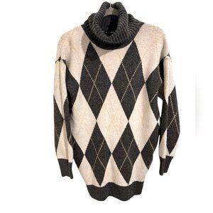 Fashion Nova Women's Argyle Knit Turtleneck Dress Gray Yellow Cream, siz…